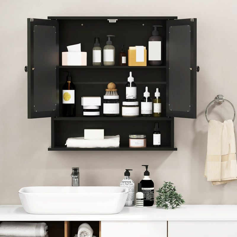 Double Door Wall-Mounted Bathroom Mirror Cabinet with Storage Shelf-Black