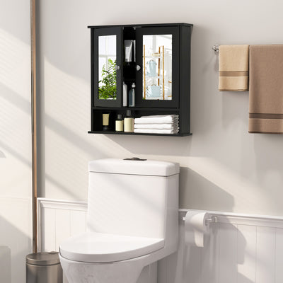 Double Door Wall-Mounted Bathroom Mirror Cabinet with Storage Shelf-Black