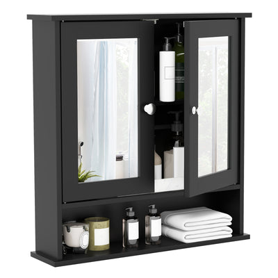 Double Door Wall-Mounted Bathroom Mirror Cabinet with Storage Shelf-Black