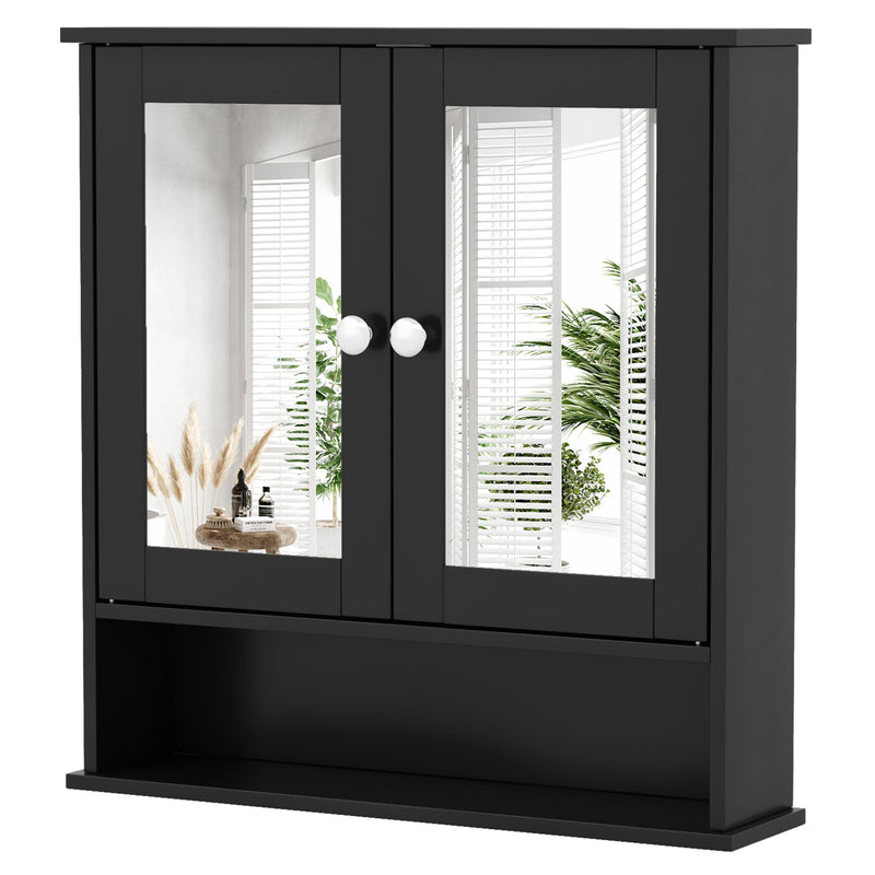 Double Door Wall-Mounted Bathroom Mirror Cabinet with Storage Shelf-Black