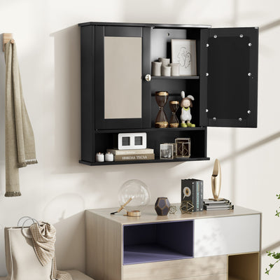 Double Door Wall-Mounted Bathroom Mirror Cabinet with Storage Shelf-Black