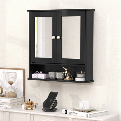 Double Door Wall-Mounted Bathroom Mirror Cabinet with Storage Shelf-Black