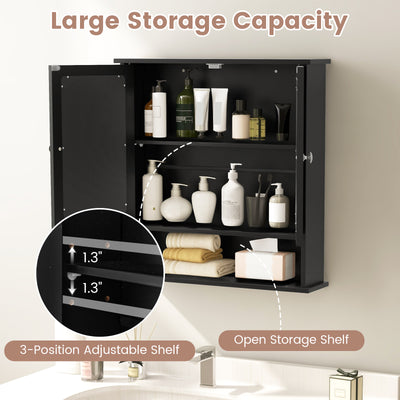 Double Door Wall-Mounted Bathroom Mirror Cabinet with Storage Shelf-Black