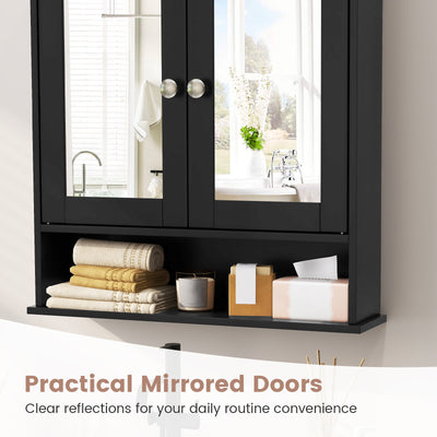 Double Door Wall-Mounted Bathroom Mirror Cabinet with Storage Shelf-Black