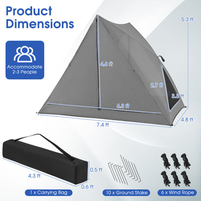 Pop-up Camping Tent for 2-3 People with Carry Bag and Rainfly for Backpacking Hiking Trip-Gray