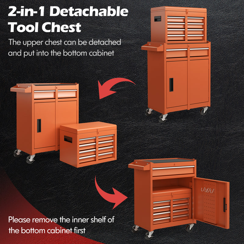 2-in-1 Rolling Tool Chest with 5 Sliding Lockable Drawers-Orange