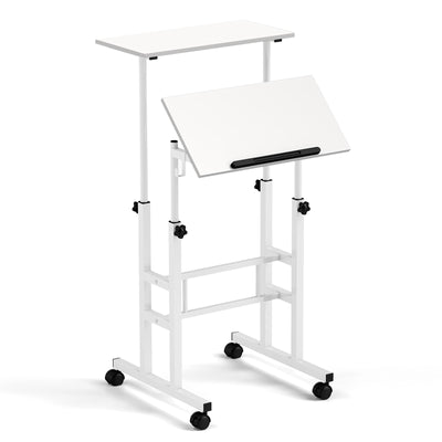 Mobile Standing Desk Height-Adjustable Laptop Cart with Split Top and Hanging Hooks-White