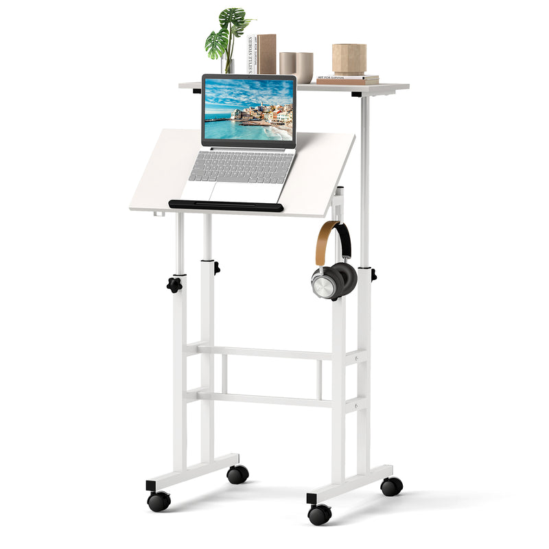 Mobile Standing Desk Height-Adjustable Laptop Cart with Split Top and Hanging Hooks-White