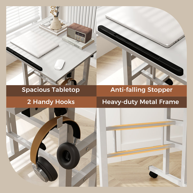 Mobile Standing Desk Height-Adjustable Laptop Cart with Split Top and Hanging Hooks-White