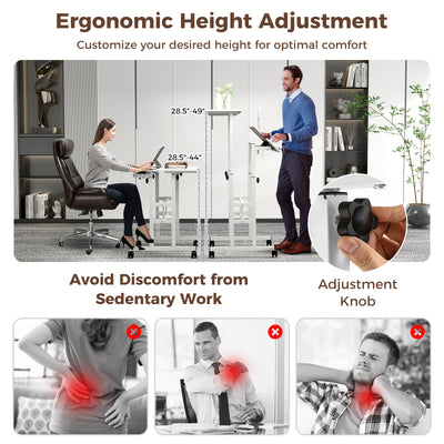 Mobile Standing Desk Height-Adjustable Laptop Cart with Split Top and Hanging Hooks-White