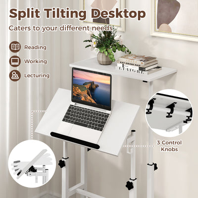 Mobile Standing Desk Height-Adjustable Laptop Cart with Split Top and Hanging Hooks-White