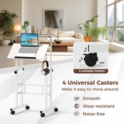 Mobile Standing Desk Height-Adjustable Laptop Cart with Split Top and Hanging Hooks-White