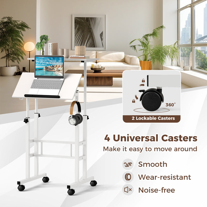 Mobile Standing Desk Height-Adjustable Laptop Cart with Split Top and Hanging Hooks-White