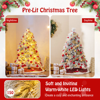 4.5/6/7 Feet Pre-Lit Snow Flocked Christmas Tree with Warm White LED Lights-4.5 ft