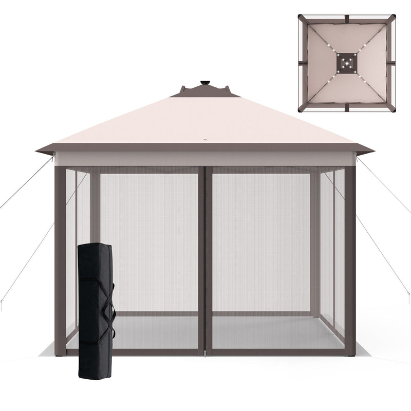 11 x 11 Feet Portable Outdoor Patio Folding Gazebo with Led Lights -Beige