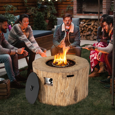 40 Inch Round Propane Gas Fire Pit Table Wood-Like Surface with Laval Rock PVC Cover-Brown