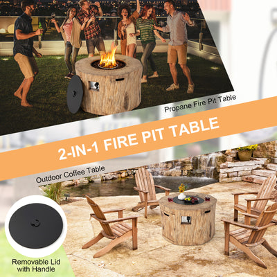 40 Inch Round Propane Gas Fire Pit Table Wood-Like Surface with Laval Rock PVC Cover-Brown