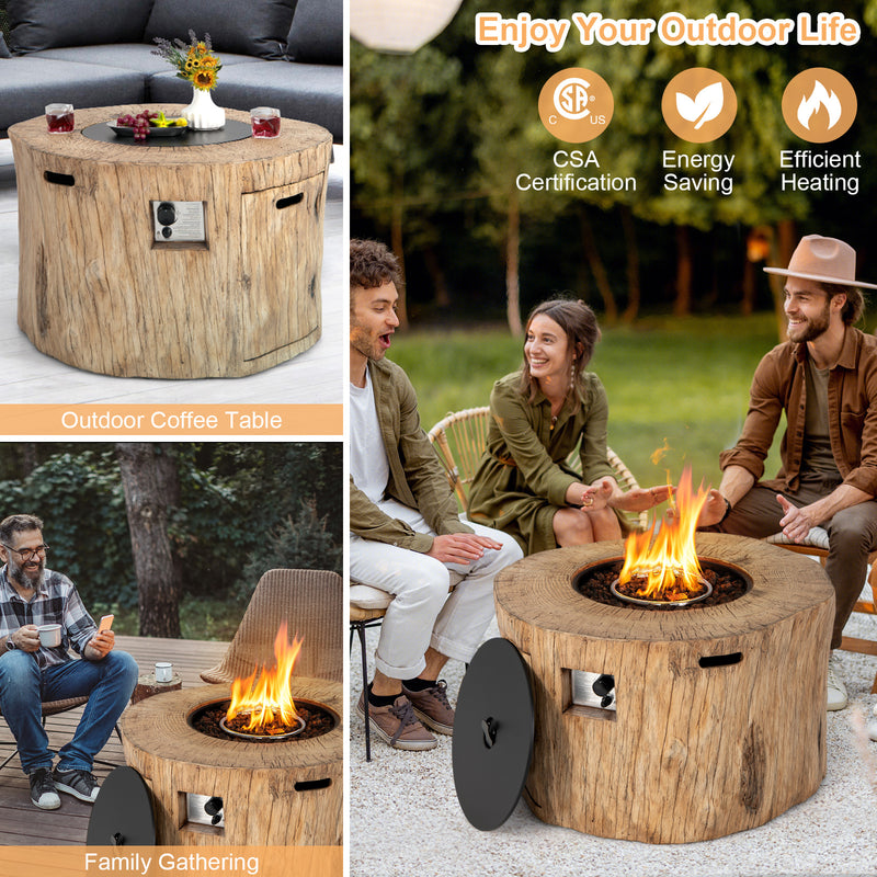 40 Inch Round Propane Gas Fire Pit Table Wood-Like Surface with Laval Rock PVC Cover-Brown