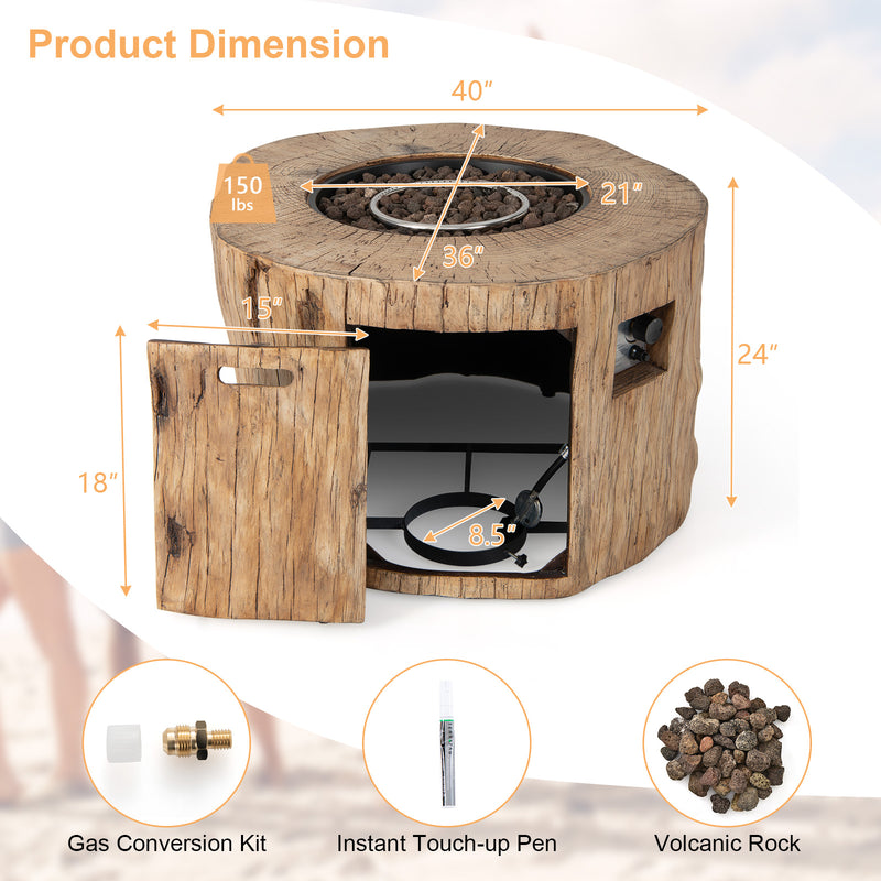 40 Inch Round Propane Gas Fire Pit Table Wood-Like Surface with Laval Rock PVC Cover-Brown