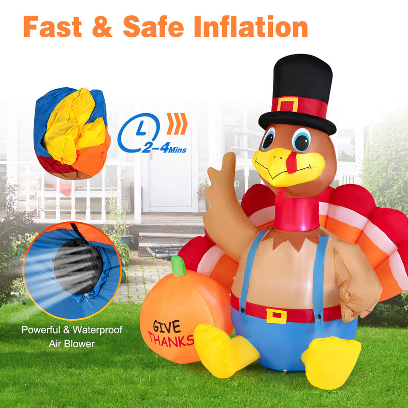 6 Feet Thanksgiving Inflatable Turkey with Pumpkin Fall Harvest Decor with Lights