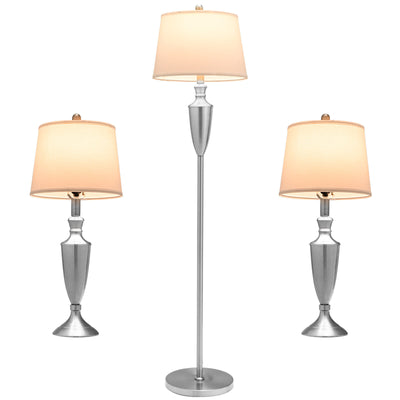 3 Piece Lamp with Set Modern Floor Lamp and 2 Table Lamps-Silver