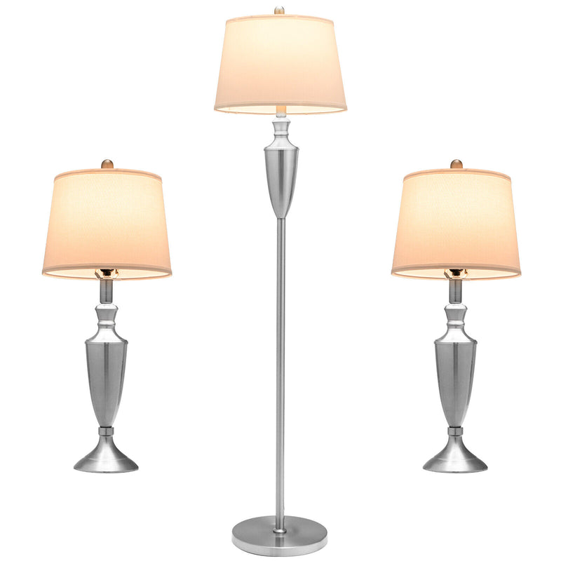 3 Piece Lamp with Set Modern Floor Lamp and 2 Table Lamps-Silver