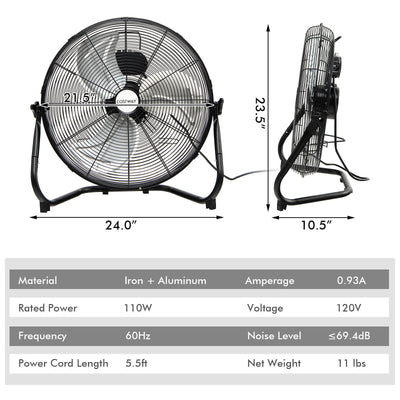 20 Inch High-Velocity Floor Fan with 3 Wind Speeds-Black