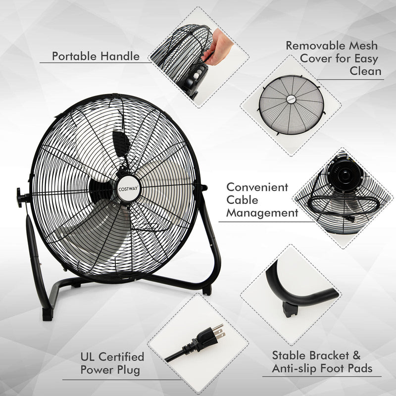 20 Inch High-Velocity Floor Fan with 3 Wind Speeds-Black