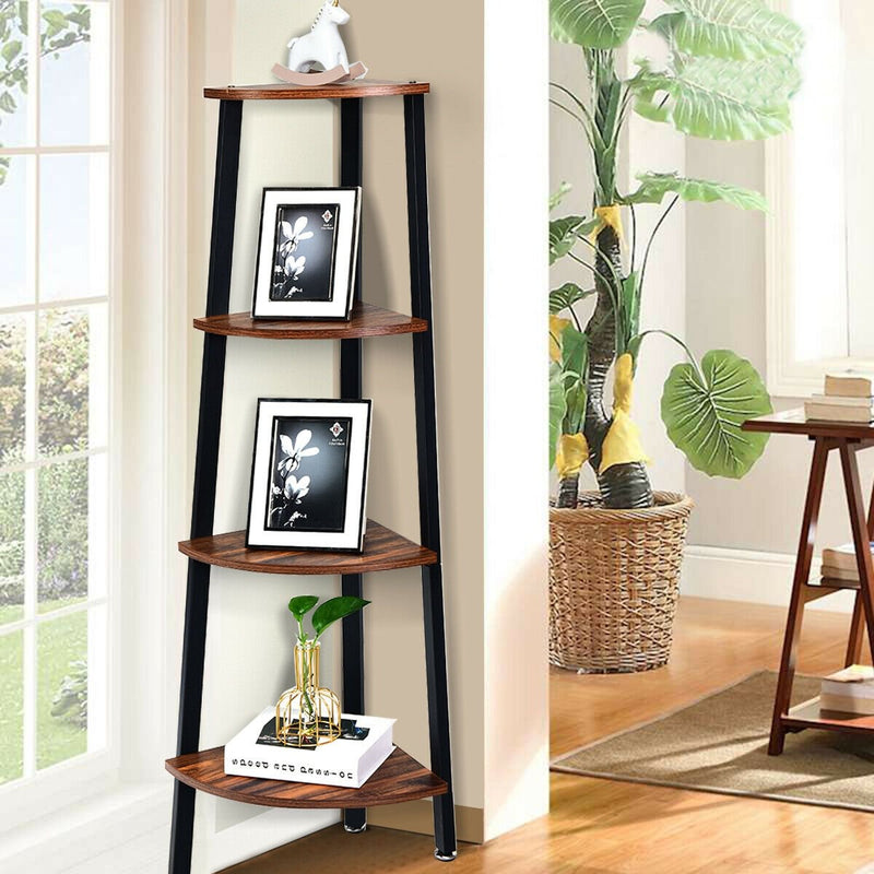 4-Tier Corner Shelf Metal Storage Rack Domestic Bookcase-Brown