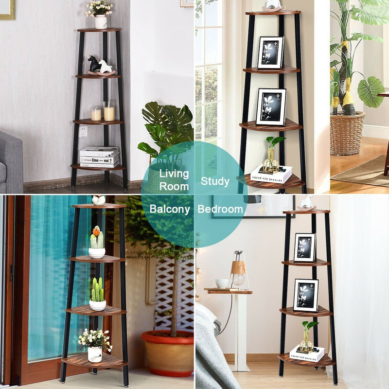 4-Tier Corner Shelf Metal Storage Rack Domestic Bookcase-Brown