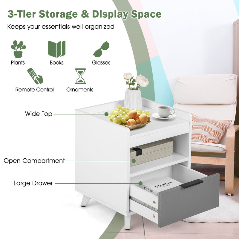 Modern Nightstand with LED Lights Sliding Drawer and Open Compartment-White