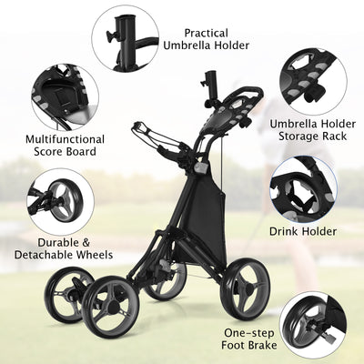 Lightweight Foldable Collapsible 4 Wheels Golf Push Cart-Gray