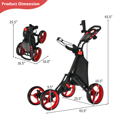 Lightweight Foldable Collapsible 4 Wheels Golf Push Cart-Red