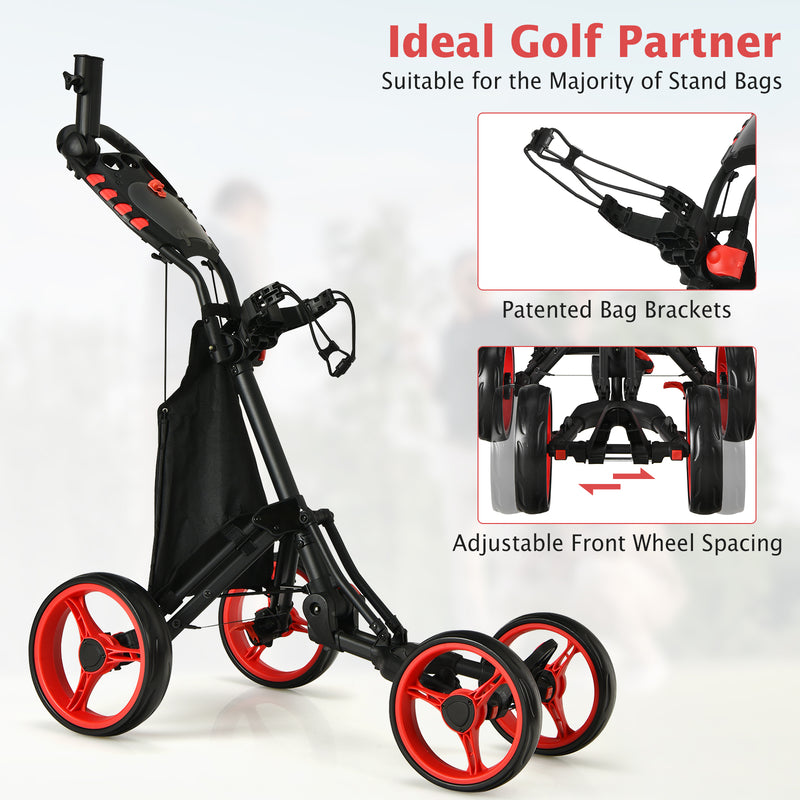 Lightweight Foldable Collapsible 4 Wheels Golf Push Cart-Red