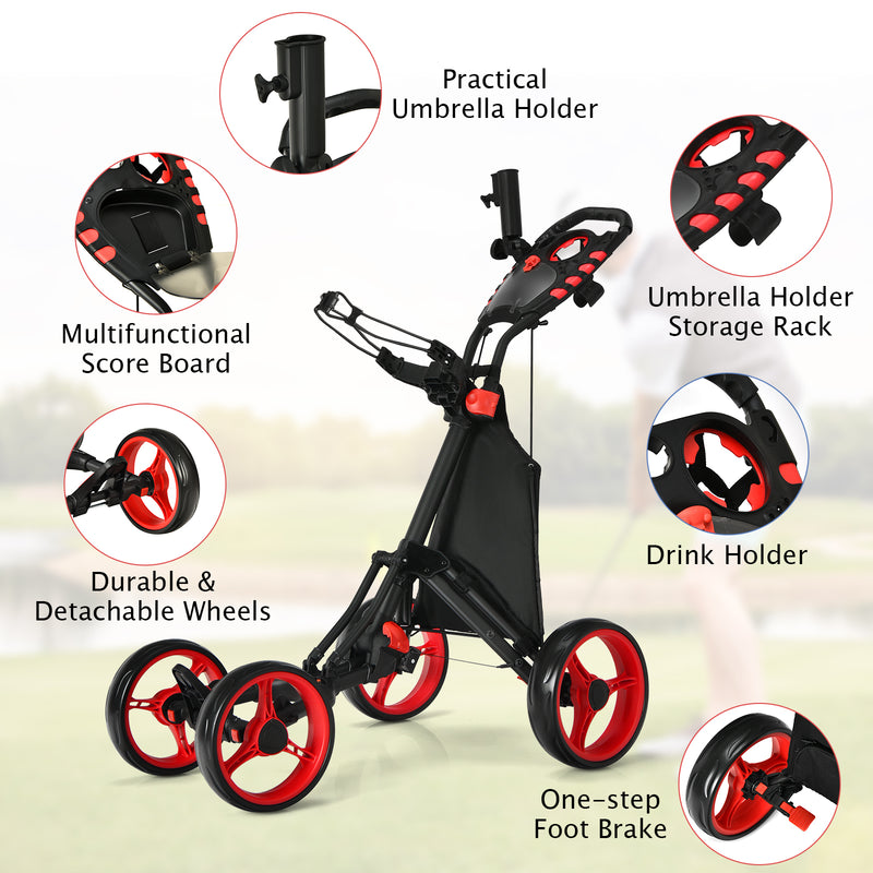 Lightweight Foldable Collapsible 4 Wheels Golf Push Cart-Red