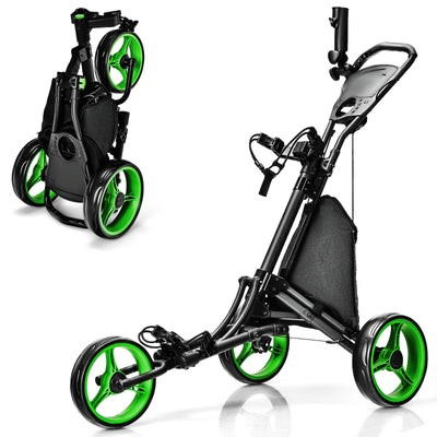 Folding 3 Wheels Golf Push Cart with Bag Scoreboard Adjustable Handle-Green