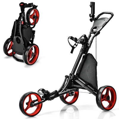 Folding 3 Wheels Golf Push Cart with Bag Scoreboard Adjustable Handle-Red