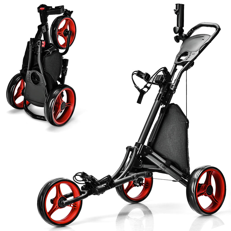 Folding 3 Wheels Golf Push Cart with Bag Scoreboard Adjustable Handle-Red