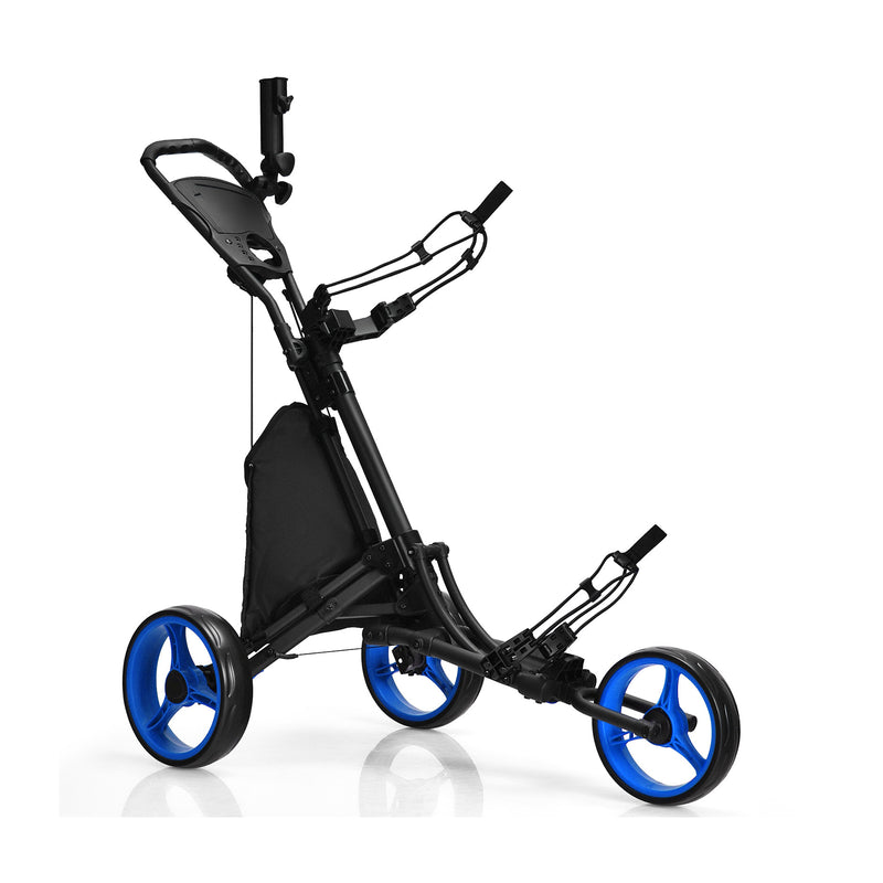 Folding 3 Wheels Golf Push Cart with Bag Scoreboard Adjustable Handle-Blue