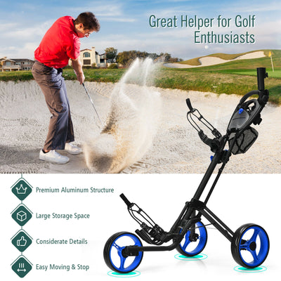 Folding 3 Wheels Golf Push Cart with Brake Scoreboard Adjustable Handle-Blue