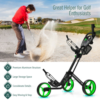 Folding 3 Wheels Golf Push Cart with Brake Scoreboard Adjustable Handle-Green