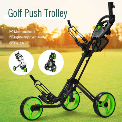 Folding 3 Wheels Golf Push Cart with Brake Scoreboard Adjustable Handle-Green