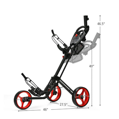 Folding 3 Wheels Golf Push Cart with Brake Scoreboard Adjustable Handle-Red