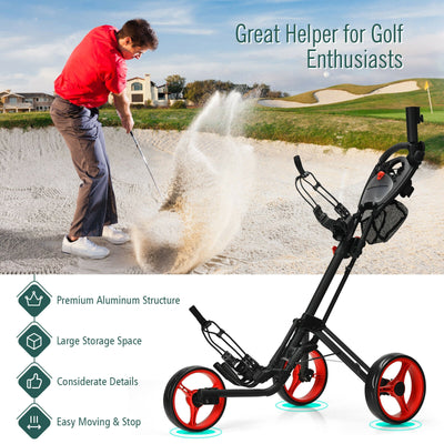 Folding 3 Wheels Golf Push Cart with Brake Scoreboard Adjustable Handle-Red