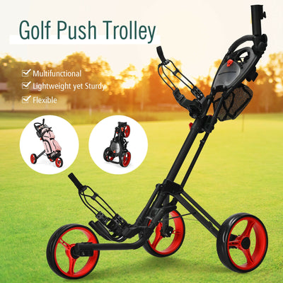 Folding 3 Wheels Golf Push Cart with Brake Scoreboard Adjustable Handle-Red