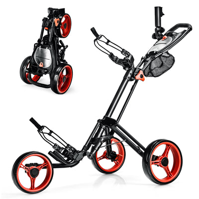 Folding 3 Wheels Golf Push Cart with Brake Scoreboard Adjustable Handle-Red