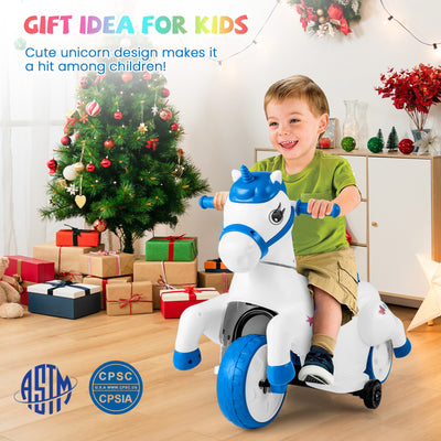 12V Unicorn Ride on Toy with Training Wheels and Horse Riding Mode-Navy