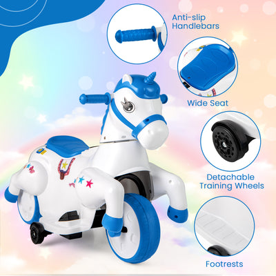 12V Unicorn Ride on Toy with Training Wheels and Horse Riding Mode-Navy