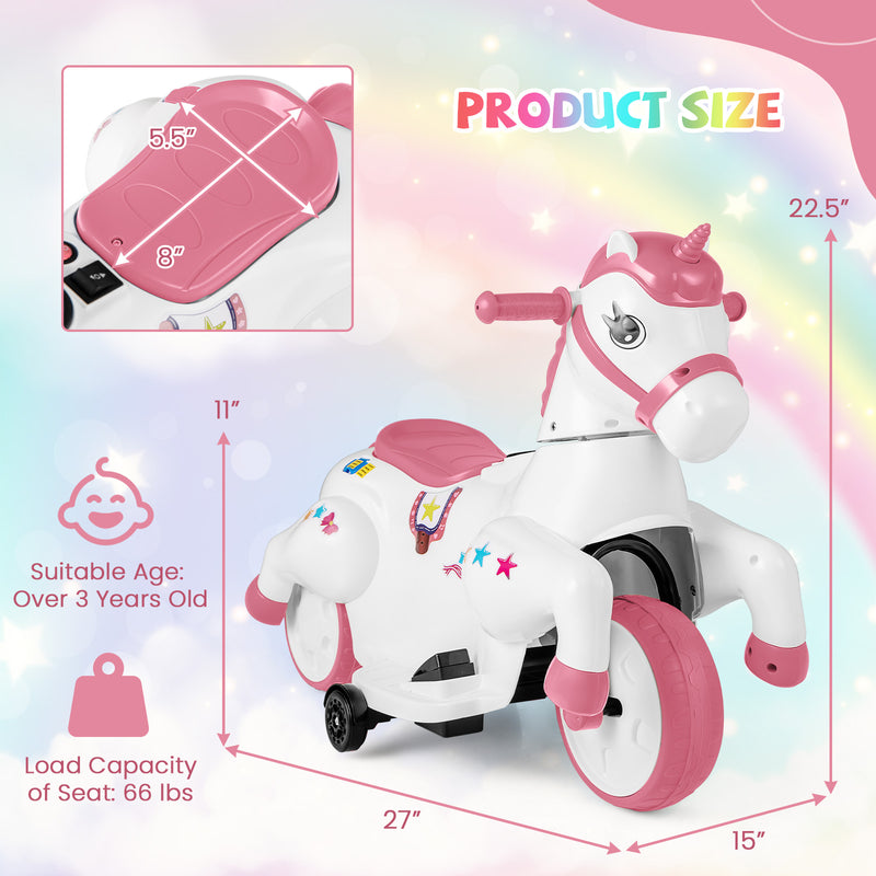 12V Unicorn Ride on Toy with Training Wheels and Horse Riding Mode-Pink