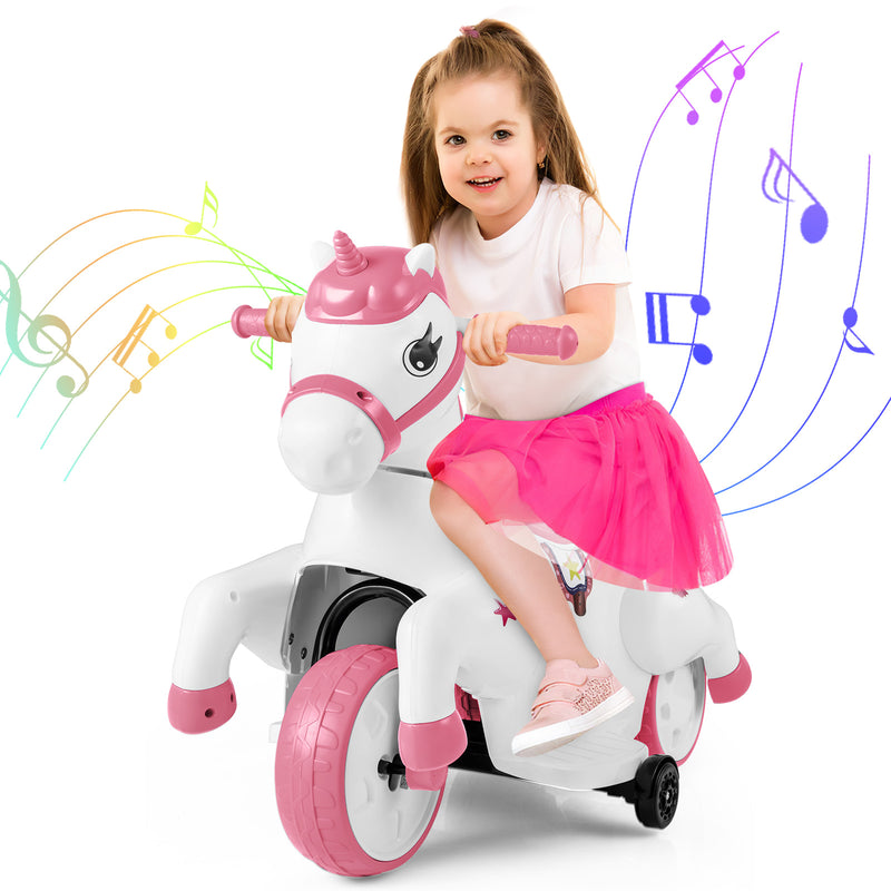 12V Unicorn Ride on Toy with Training Wheels and Horse Riding Mode-Pink